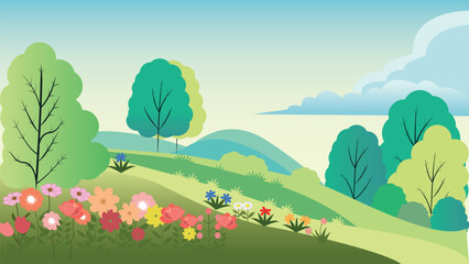 Forest meadow with trees and flowers