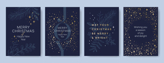 Set of navy blue Christmas and New Year greeting cards with golden stars and holiday typography. Festive template with botanical branches, lettering, and decorative background
