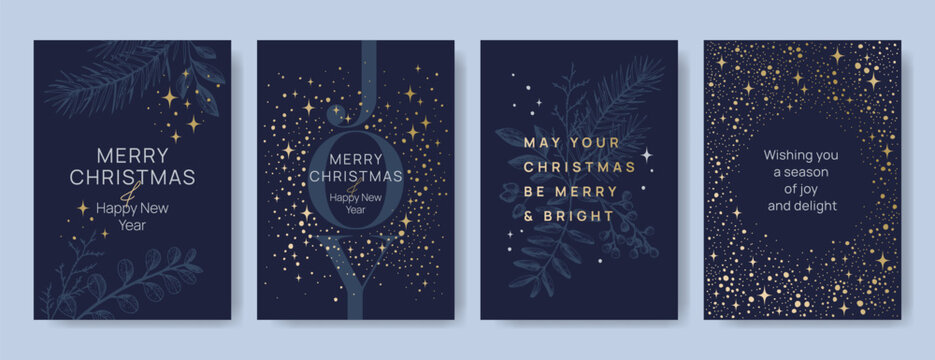 Set of navy blue Christmas and New Year greeting cards with golden stars and holiday typography. Festive template with botanical branches, lettering, and decorative background