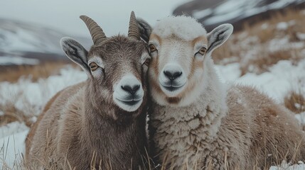 Two sheep cuddling in a snowy field during winter