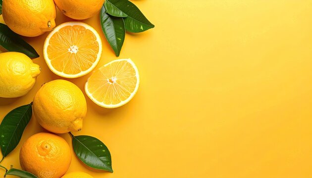 Fresh citrus fruit with leaves on yellow background