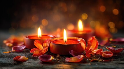 Burning candles with flower petals
