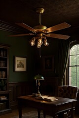 Brass ceiling fan with Edison bulbs in a Victorian study

