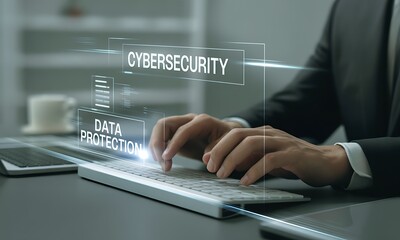 Business professional typing on keyboard with holographic cybersecurity and data protection interface, ideal for illustrating secure digital communication and information safety