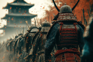 Japanese samurai warriors prepare for battle in a historic military conflict