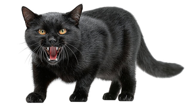 Black cat arching back and hissing, isolated on transparent background 