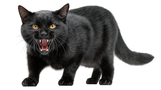Black cat arching back and hissing, isolated on transparent background 