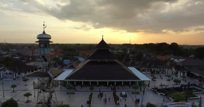 Aerial Drone Footage of Demak Grand Mosque Central Java Indonesia at Sunset