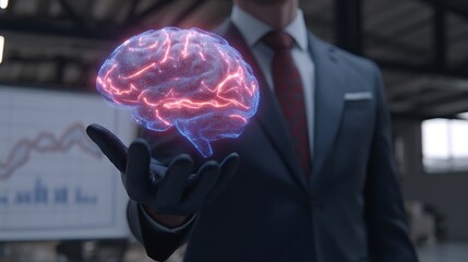 Businessman Holding Digital Brain Illustration in Modern Office Setting