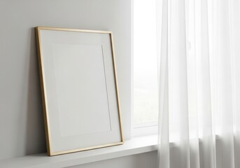Minimalist golden picture frame with empty insert on a sunlit windowsill, providing a clean backdrop for creative display, home decor, or product mockups