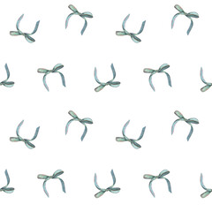 Seamless pattern with blue bows. Hand-painted watercolor illustration isolated on white background for printing on textile, wallpaper, packaging, stationery, magic, festive decor