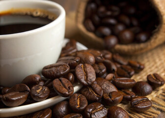 Dark Brown Coffee Beans & Cup Backdrop Premium Coffee Background for Cafe & Marketing