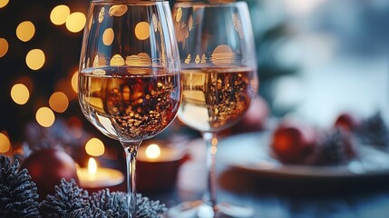 Two wine glasses set against festive background