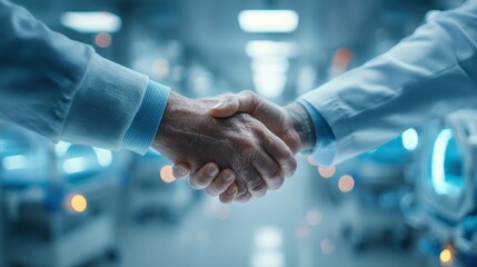 Handshake Between Two Medical Professionals in a Modern Hospital Environment