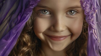A close-up shot of a young girl wearing a purple veil, perfect for capturing intimate moments or using as a background element