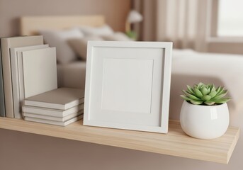 Cozy Bedroom Decor A Blank Picture Frame, Books, and a Succulent on a Shelf