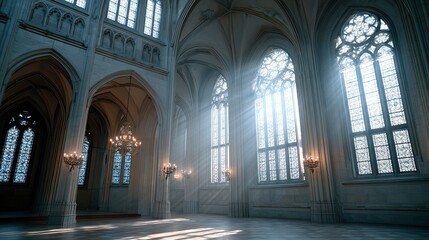 Fototapeta premium Gothic Cathedral Interior with Stained Glass Windows and Ornate Arches Bathed in Sunlight