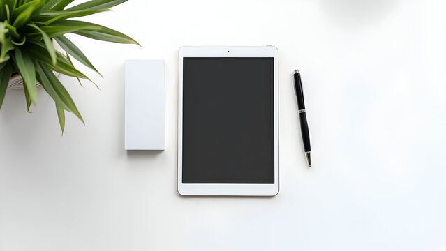 A top-down flat lay of a minimalist white desk, showing a white tablet with a blank black screen, a pen, a power bank, and a plant. Ideal for mockups.