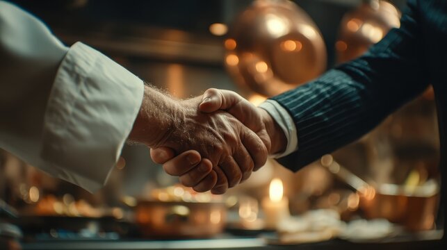 Professional Chef and Businessman Shaking Hands in a Gourmet Kitchen Setting