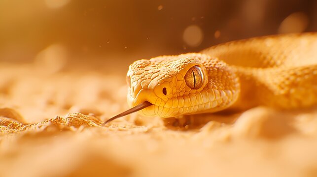 A closeup of a horned vipers head flicking its tongue in the desert sand