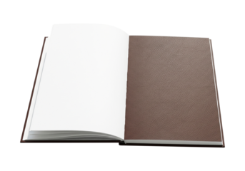 An open hardcover book with blank white pages for copy space, showing the textured brown endpaper, isolated on a plain white background