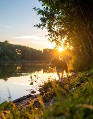Dog by river at sunset