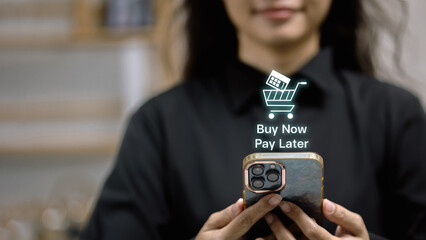 Buy Now Pay Later hologram on smartphone, woman using BNPL mobile checkout and digital finance