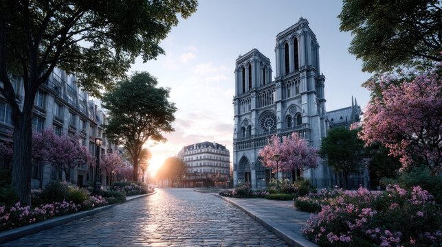Gothic Cathedral Towers with Blossoms at Sunset in Paris France HDR