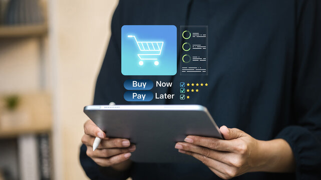 Buy Now Pay Later on tablet with checklist and star ratings, BNPL mobile checkout