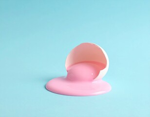 Pink egg shell spills vibrant liquid on light blue backdrop
