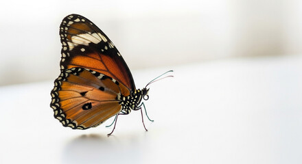 Fototapeta premium Stunning Monarch butterfly with vibrant orange wings poised delicately on a clean white surface, inviting nature lovers and designers