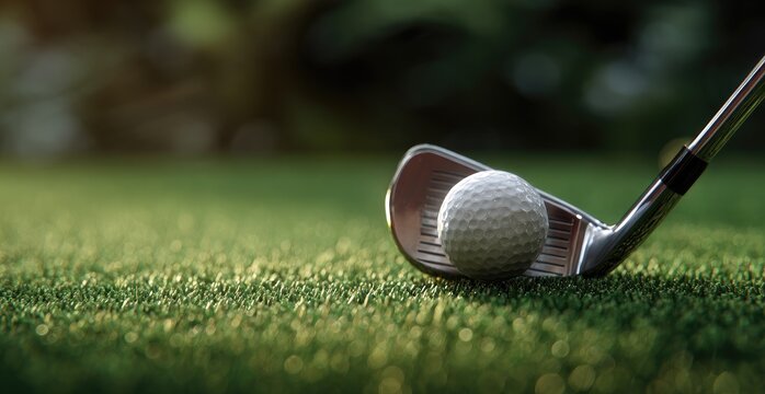 Golf club poised over white golf ball on green grass