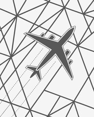 Airplane sign illustration. Vector. White icon on a grey background with abstract lines.