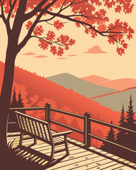 Wooden bench on the balcony in the mountains. Vector illustration.