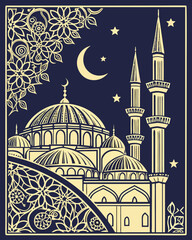 Ramadan Kareem greeting card with mosque, moon and stars. Vector illustration