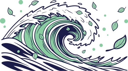 Vector illustration of a wave with green leaves on a white background.