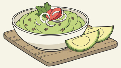 Avocado hummus in bowl. Vector illustration of healthy food.