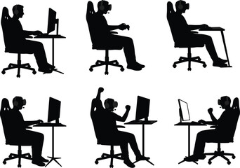 A set of male gamer silhouettes in various dynamic and seated poses, a graphic illustration of esports and gaming.