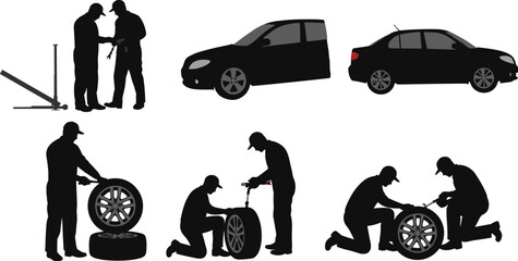 A collection of car mechanic silhouettes servicing and changing tires on a vehicle, a graphic illustration of automotive repair.