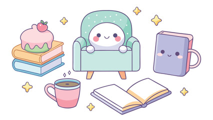 cute and tender kawaii book and chair with coffee and cake