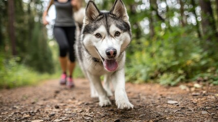 Obraz premium Husky Running on Dirt Trail with Woman