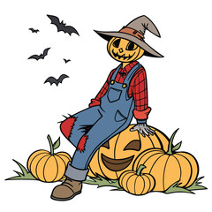 Halloween scarecrow with pumpkins and bats. Vector illustration.