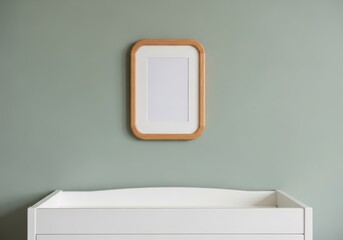 A minimalist photo frame hangs above a white changing table, creating a clean and organized nursery space