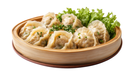 Steamed Dumplings in Bamboo Steamer isolated on a transparent background