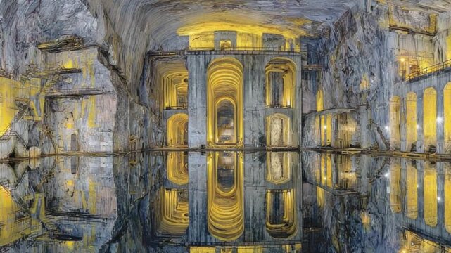 Spectacular Turda Salt Mine Panorama with Reflections and Golden Light Effects in Romania