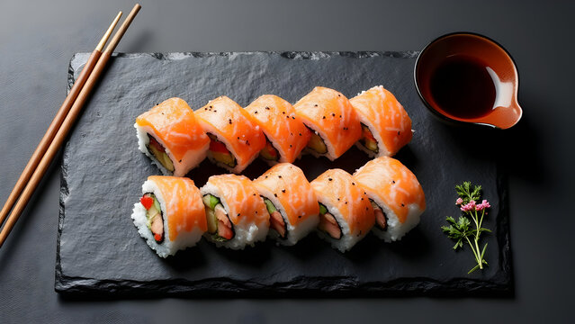 A top-down flat lay of salmon maki sushi rolls, arranged in two rows on a black slate platter with chopsticks and a bowl of soy sauce.
 - Powered by Adobe