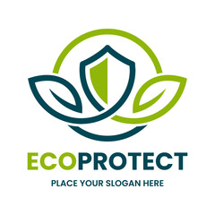 Eco protect logo with a shield, building, and leaves. Represents green building, sustainable property, environmental protection, and secure eco-friendly homes.