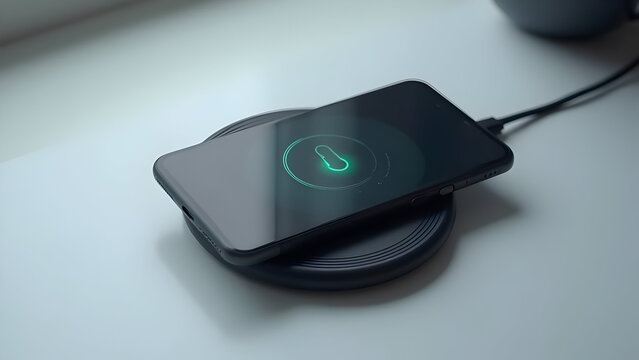 A black smartphone charging wirelessly on a black charging pad.