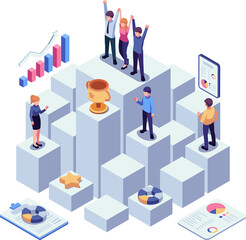 Isometric Team Celebrates Success on Blocks with Transparent Background