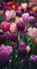 Vibrant tulip field in shades of pink, purple, and white